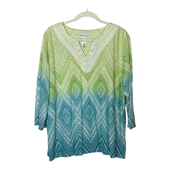 Alfred Dunner Large NWT Pullover Top Summer Spring Green Ombre Knit Lace Overlay - Picture 2 of 9